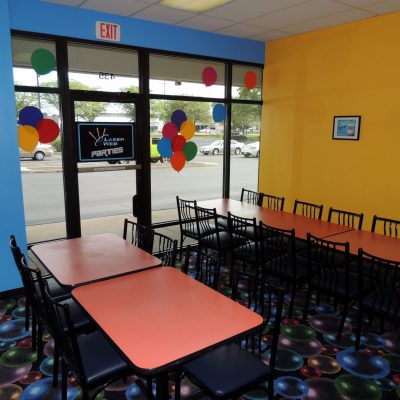 One of our brightly colored birthday party rooms.